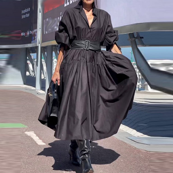 Vestido Camisero Plisado con Mangas Abullonadas - Corte Amplio para Mujer