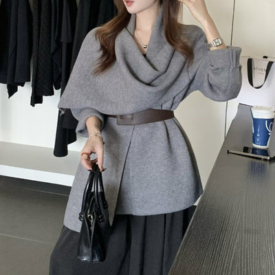 Cardigan Corto de Punto con Cuello de Bufanda y Cinturón para Mujer - Image 2