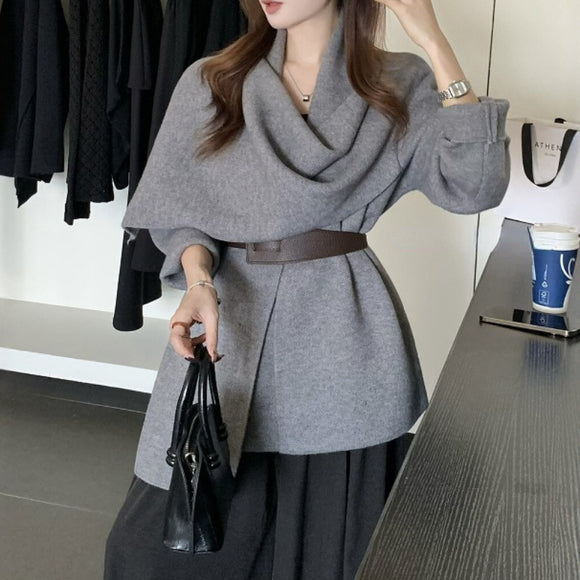 Cardigan Corto de Punto con Cuello de Bufanda y Cinturón para Mujer