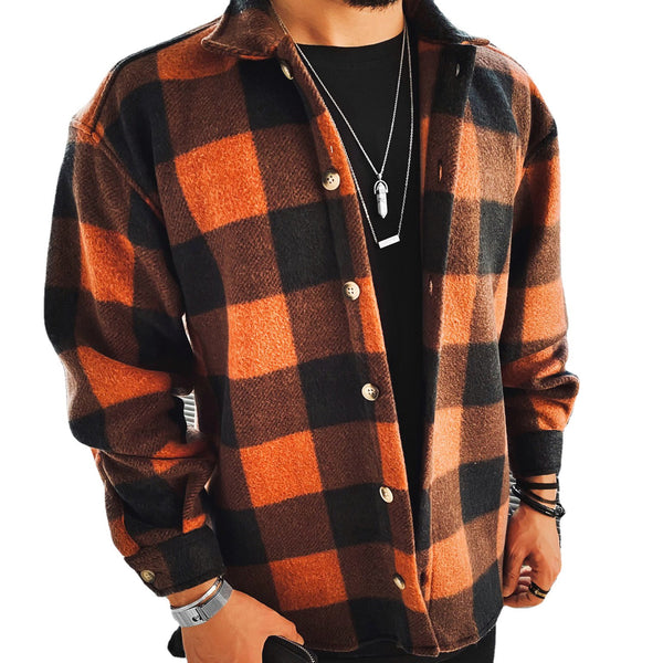 Camisa Casual de Cuadros con Cuello Mao y Bolsillos para Hombre