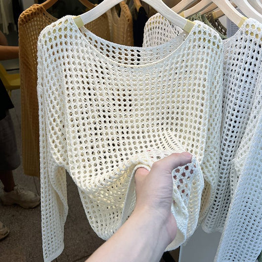 Blusa de Malla Calada Cuello Redondo Manga Larga - Image 7