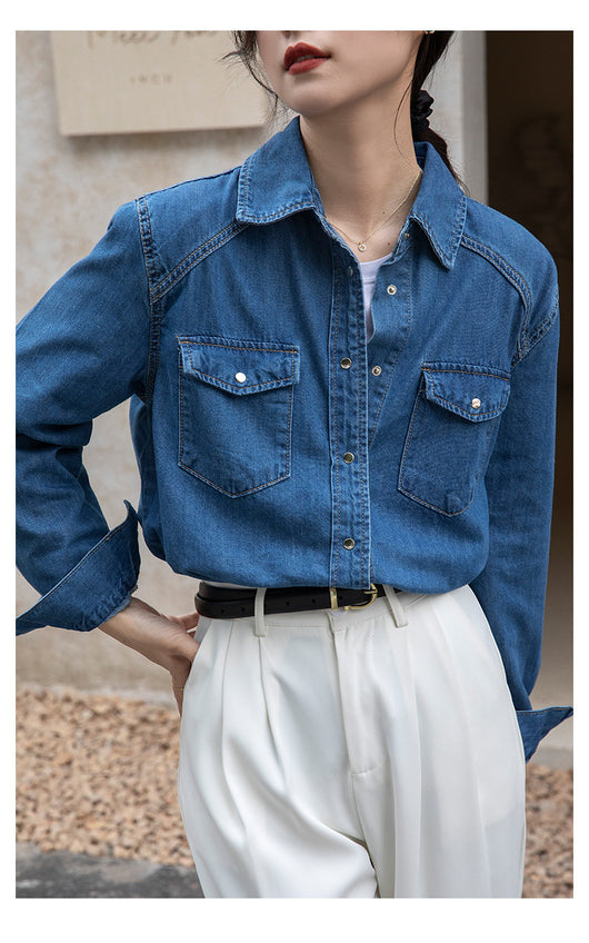 Camisa Denim Retro Azul - Prenda Versátil de Manga Larga - Image 15