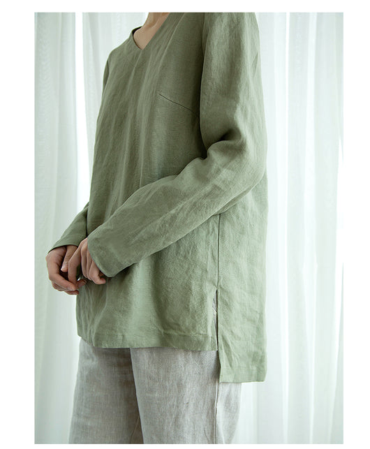 Blusa de Lino Puro Cuello V Manga Larga para Mujer - Image 15