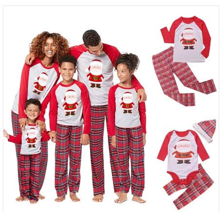 Family of five wearing matching red and grey Christmas pajamas with Santa Claus print tops and red plaid pants. - Image 3