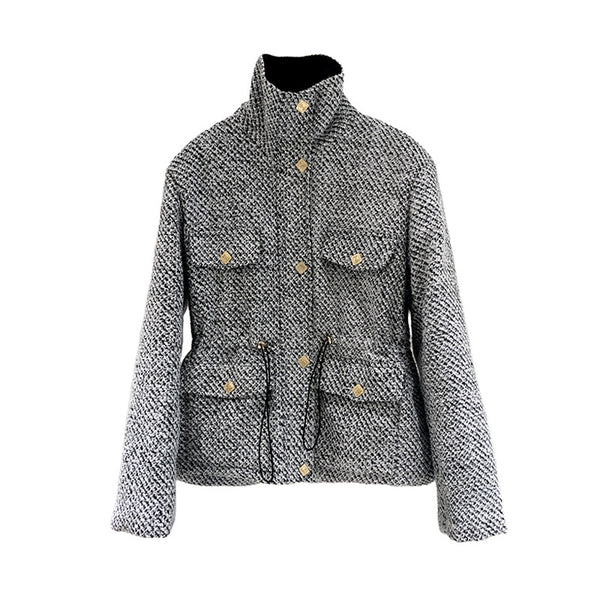 Abrigo Tweed Coreano con Cuello Alzado para Mujer