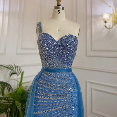 Vestido Fishtail Azul con Hombros Descubiertos y Cuentas Artesanales - Image 13