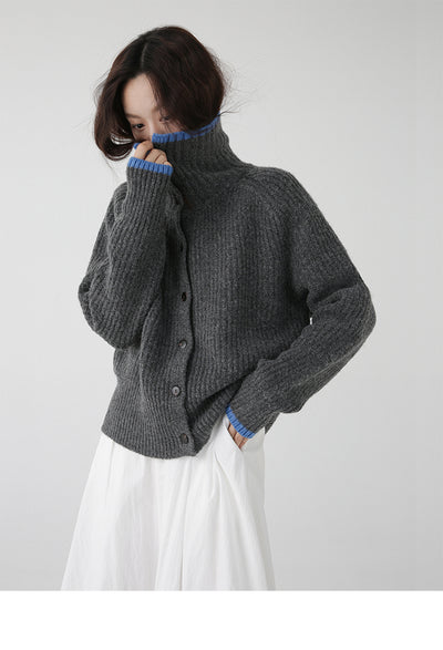 Cardigan de Lana Tejida con Cuello Bicolor - Abrigo de Botón Simple - Image 5