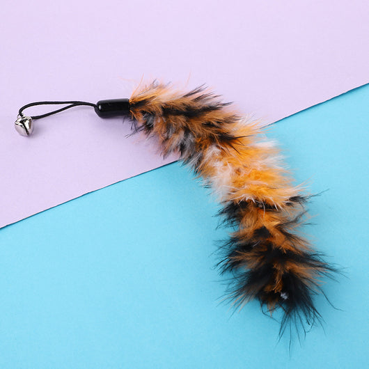 Long turkey feather cat toy with black, orange, and white stripes, featuring a small silver bell. - Image 10