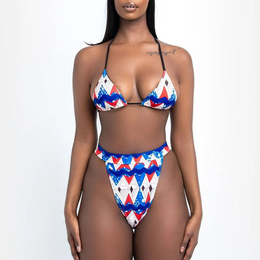 Red, white, and blue geometric print bikini with a triangle top and high-waisted, high-cut bottom.