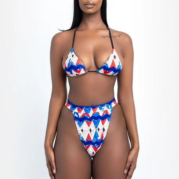 Red, white, and blue geometric print bikini with a triangle top and high-waisted, high-cut bottom.