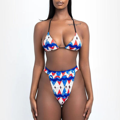 Red, white, and blue geometric print bikini with a triangle top and high-waisted, high-cut bottom.
