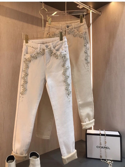 Pantalones Cintura Alta Ajustados con Detalles de Pedrería y Terciopelo - Image 11