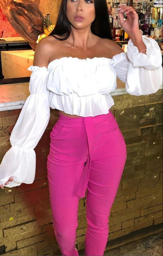 Blusa Sexy Hombros Descubiertos con Volantes y Color Liso