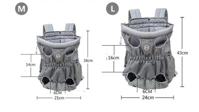 Navy blue mesh pet carrier backpack with leg holes and a light blue portable pet water bottle with a transparent reservoir. - Image 23