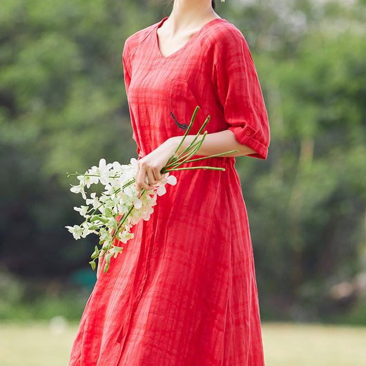 Vestido Largo de Lino y Algodón con Cuello en V y Bordado Jacquard Literario - Image 10