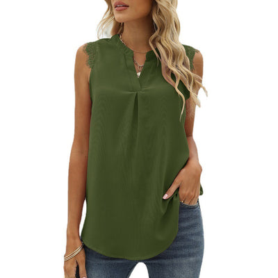 Blusa Suelta Escote V sin Mangas con Encaje de Color Sólido - Image 7
