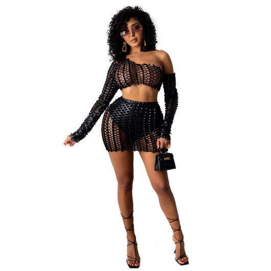 Black net hole hollow-out two-piece set with one-shoulder long-sleeve crop top and matching mini skirt. - Image 5