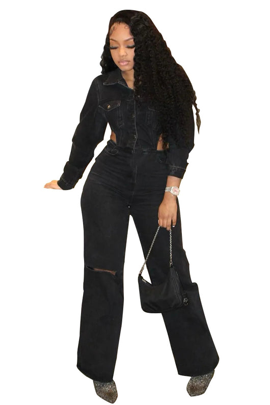 Jumpsuit Denim Casual con Diseño Hueco y Cintura Elástica - Image 10