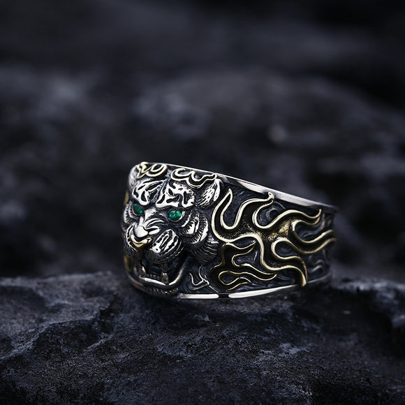 Anillo Ajustable Cabeza de Tigre en Plata 925 Estilo Retro