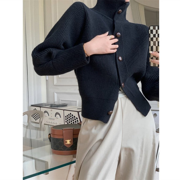 Cardigan Tejido Cuello Alto Mujer - Suéter Holgado Manga Larga