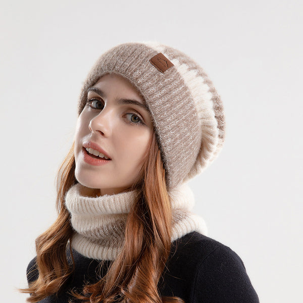 Conjunto de Gorro y Bufanda Tejida Bicolor con Forro Polar - Abrigo Invernal Grueso