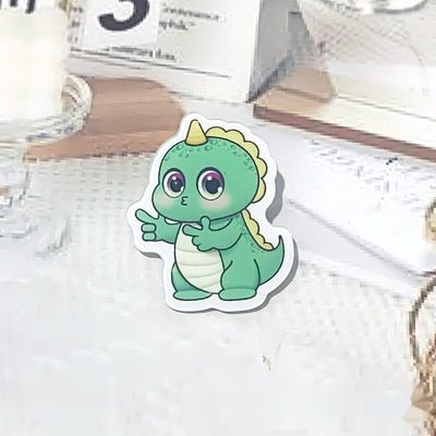 Cute green cartoon dinosaur acrylic badge brooch with a shy expression and small spikes on its back. - Image 7
