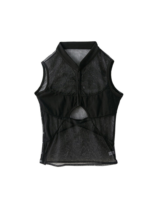 Blusa Negra de Gasa con Bordado Hueco Estilo Chino en Pino y Ciprés - Image 2