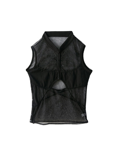 Blusa Negra de Gasa con Bordado Hueco Estilo Chino en Pino y Ciprés - Image 2