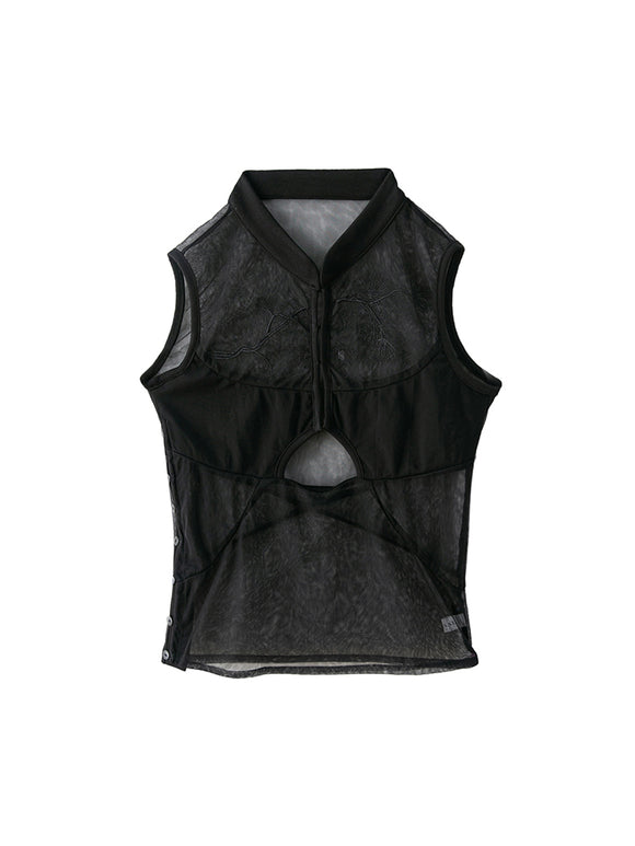 Blusa Negra de Gasa con Bordado Hueco Estilo Chino en Pino y Ciprés