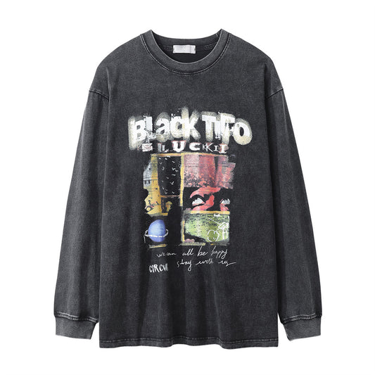 Camiseta Manga Larga Efecto Desgastado con Letras