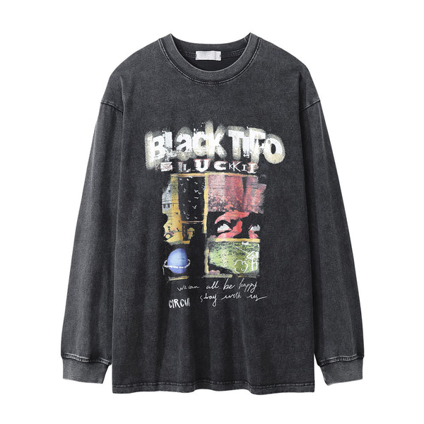 Camiseta Manga Larga Efecto Desgastado con Letras