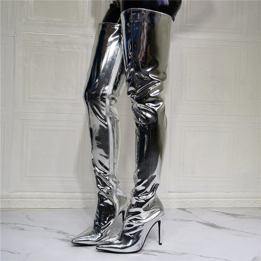Bota de Charol Plateado Sobre la Rodilla - Image 11