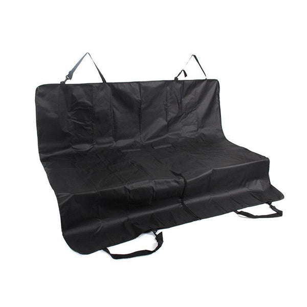 Cream Oxford cloth pet protection mat for car rear seats, featuring adjustable straps and seatbelt openings.