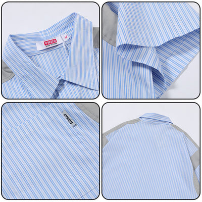 Camisa Manga Corta Azul a Rayas con Costuras de Diseño Japonés - Image 4