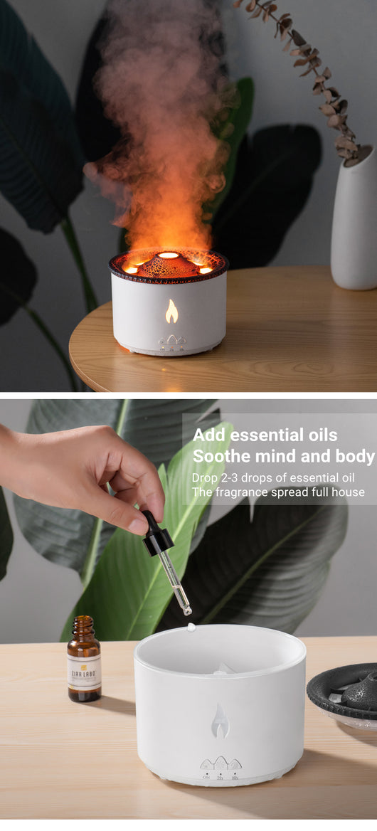 White ultrasonic essential oil diffuser with orange flame effect mist, alongside a gift set of Lavender, Peppermint, Tea Tree, and Sweet Orange essential oils. - Image 13