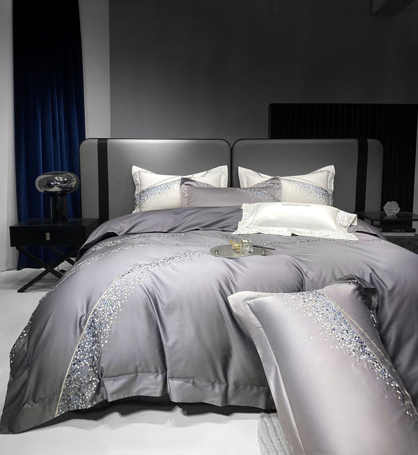Juego de Cama 4 Piezas Algodón Pima Bordado Lujo Minimalista