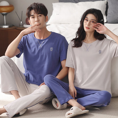 Matching red cotton couple pajamas with short sleeves, long pants, gold piping, and "Love you Dnaw" embroidery. - Image 7