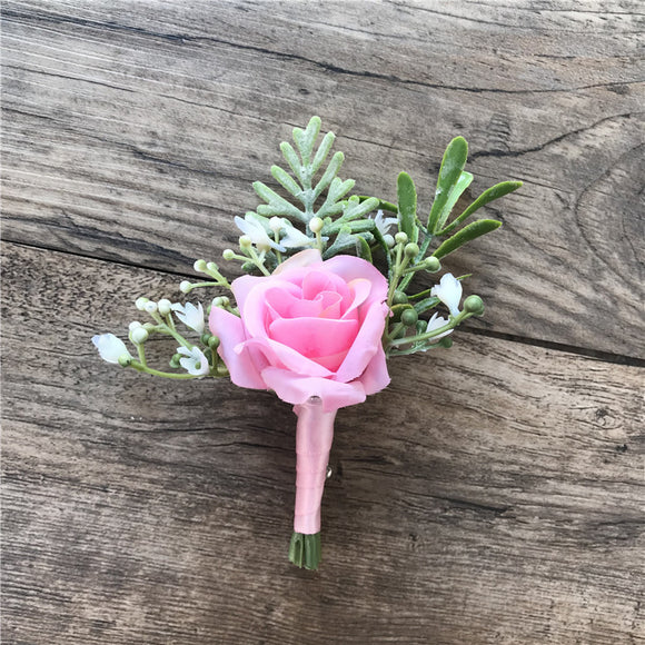 Corsage de Novia y Novio con Rosas de Seda Coreanas - Pequeños Capullos para Antes de la Boda