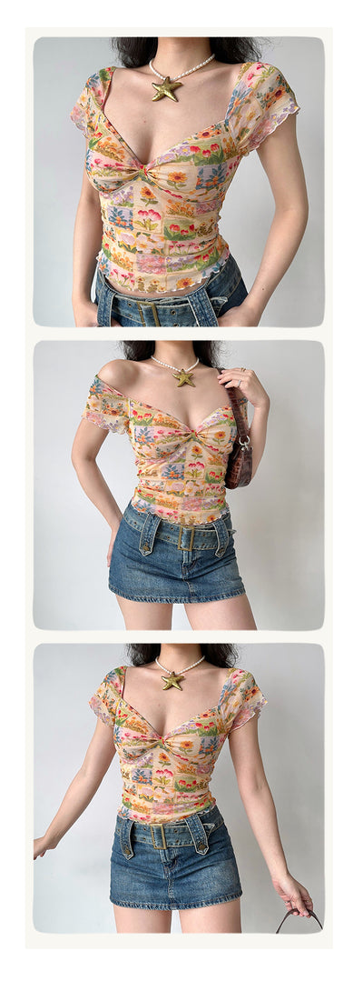 Blusa Estampada con Flores al Óleo, Cuello en V y Manga Corta de Malla para Mujer - Image 9