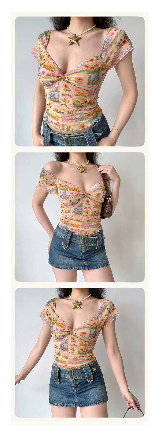 Blusa Estampada con Flores al Óleo, Cuello en V y Manga Corta de Malla para Mujer - Image 9