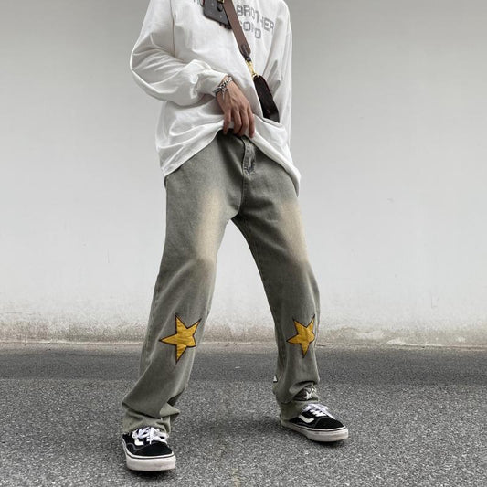 Pantalones Jeans Rectos con Bordado Pentagrama - Corte Suelto