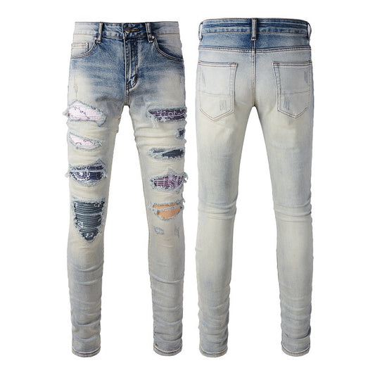 Pantalones Vaqueros Rotos Estilo Street Parches Rodillas Expuestas
