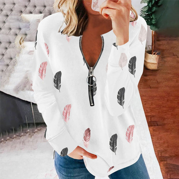 Blusa Holgada con Cremallera y Estampado de Plumas para Mujer