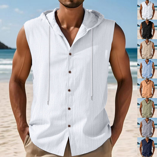 Camisa sin Mangas de Lino con Capucha para Hombre