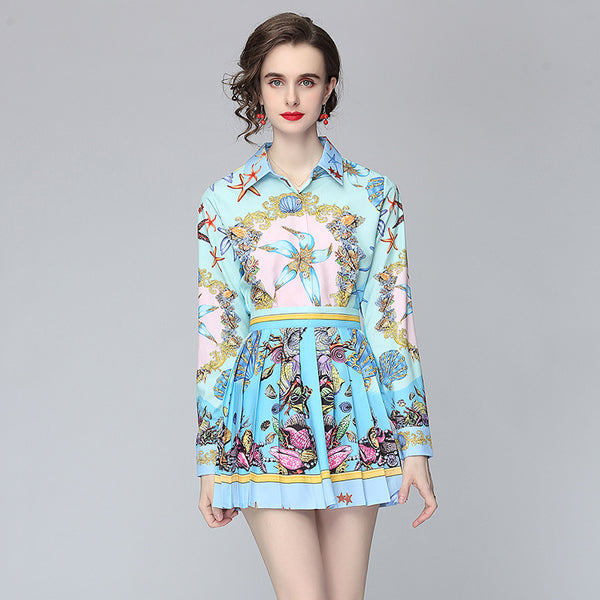 Conjunto Elegante para Mujer: Blusa Estampada y Falda Plisada