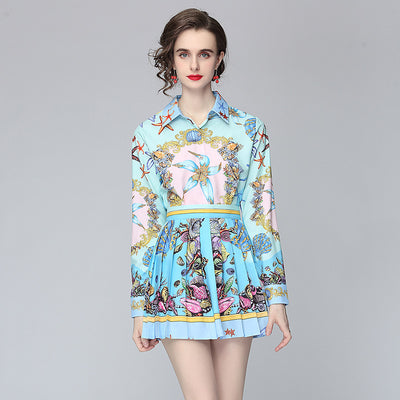 Conjunto Elegante para Mujer: Blusa Estampada y Falda Plisada