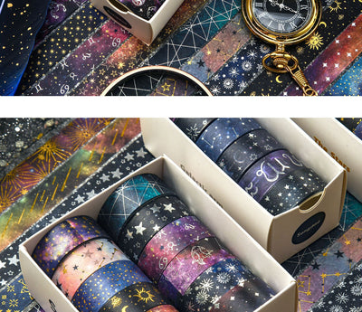 Set of six 1.5cm wide decorative tapes featuring starry sky, zodiac signs, moon phases, constellations, and planets. - Image 19
