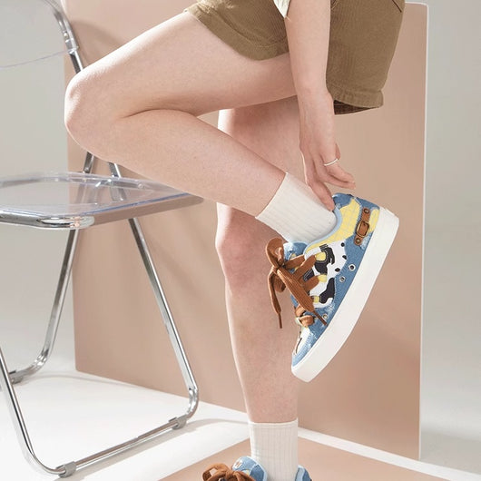 Zapatillas Patchwork de Lona Denim con Estampado Vaca