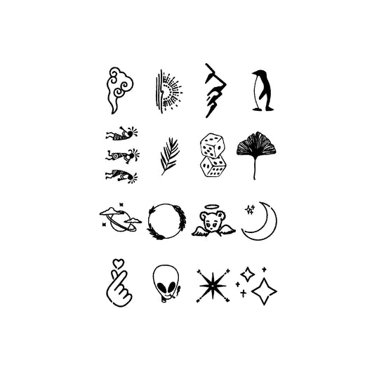 Sheet of 24 black outline doodle temporary tattoo stickers including a bow, heart, crown, sun, stars, and flowers. - Image 24