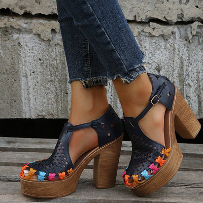 Sandalias Romanas Étnicas con Tacón Grueso y Estampado Floral